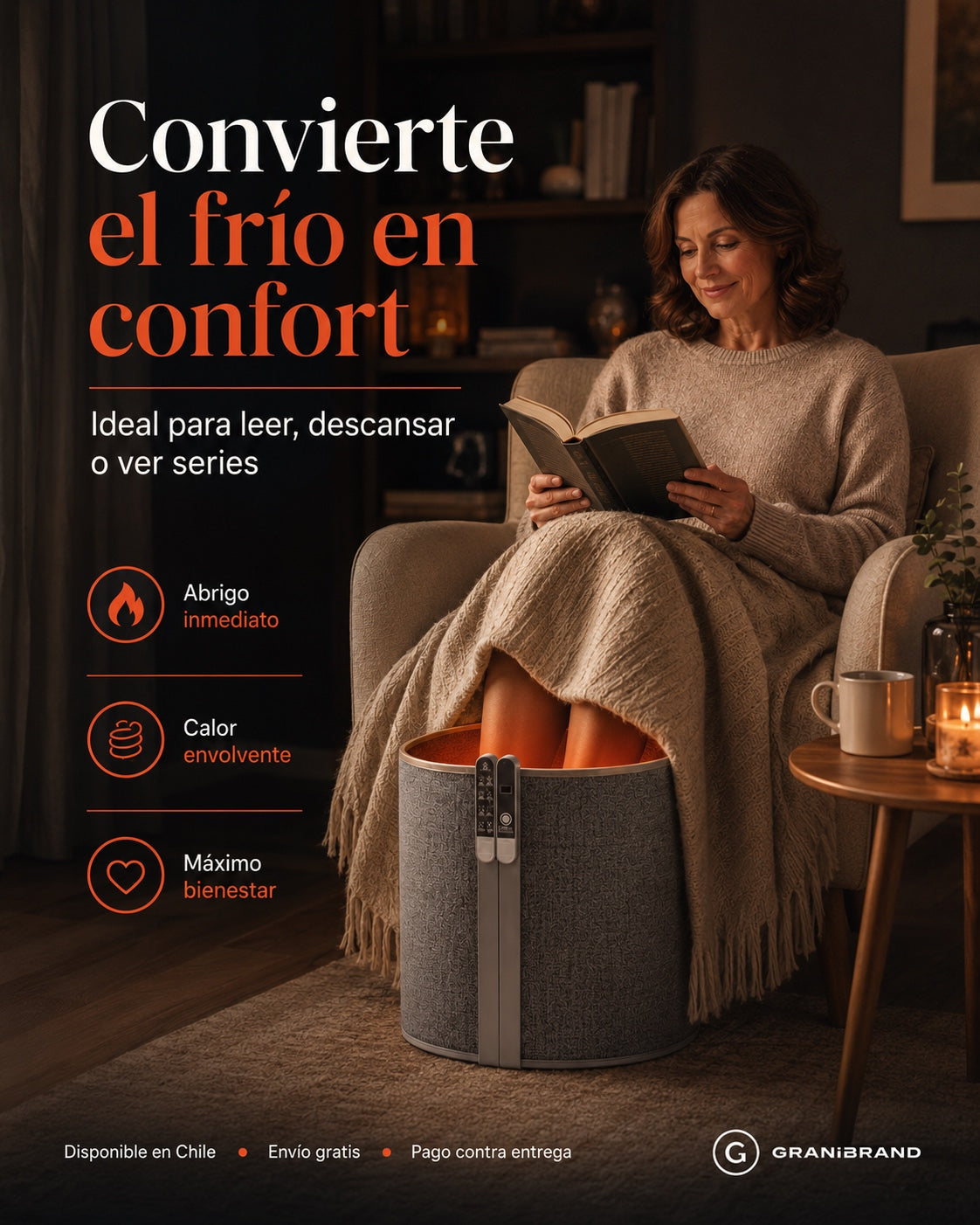 Mujer leyendo con manta y calentador de pies Granibrand, ambiente cálido de invierno